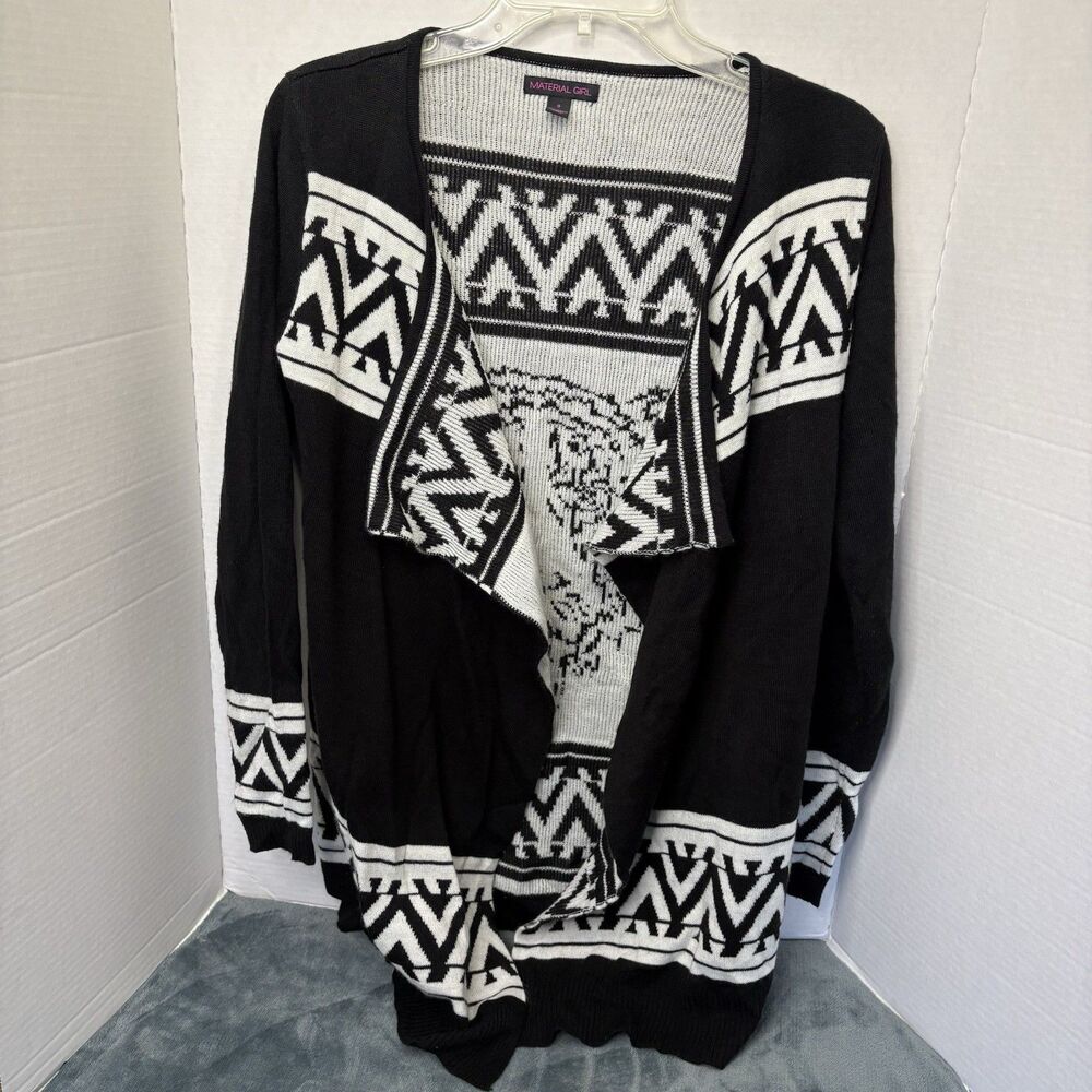 Material Girl Open Front Cardigan Black/White Aztec Tiger Women’s Size Small